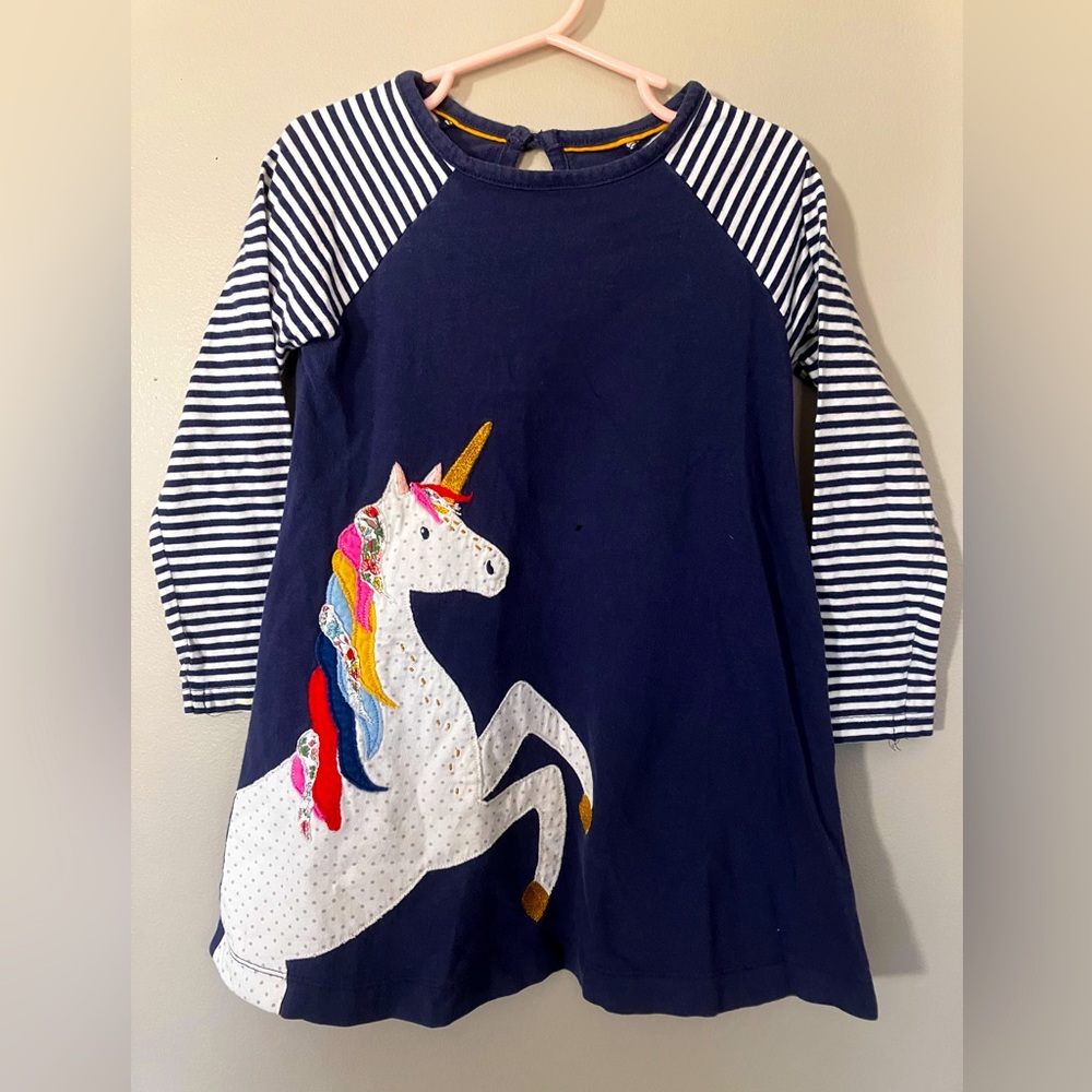 Mini Boden Unicorn Appliqué Navy Dress 3-4